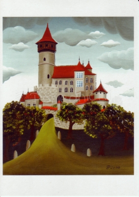 Hrad Hněvín kreslená pohlednice